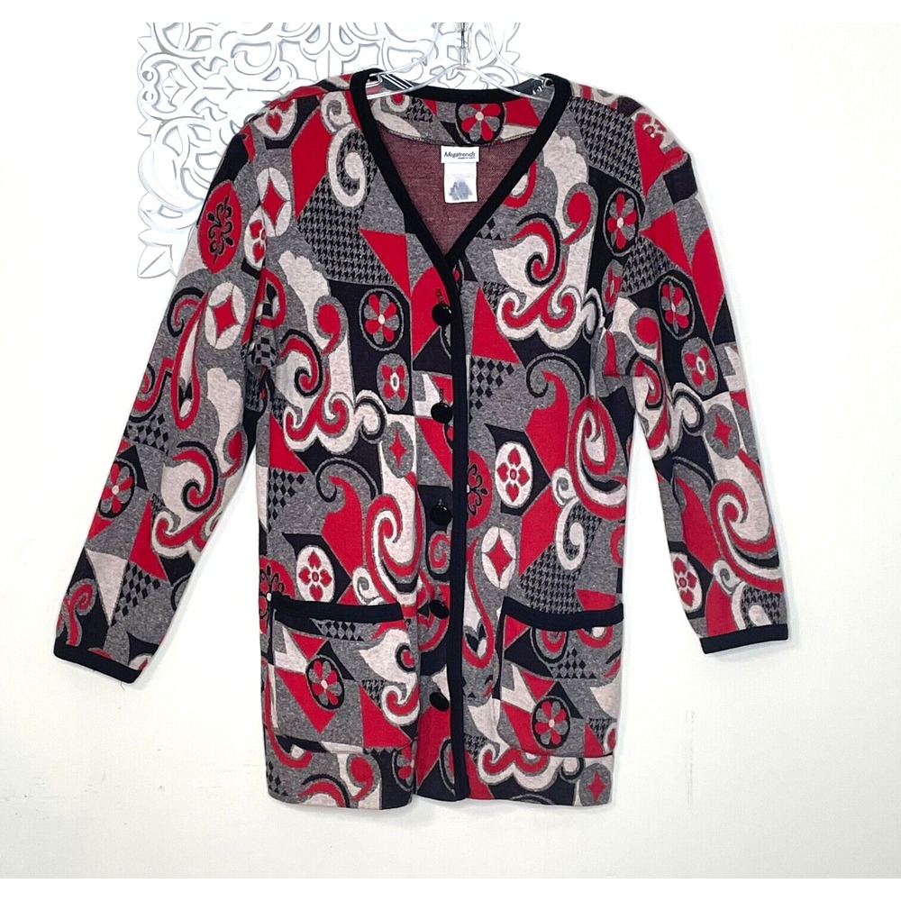 MEGATRENDS size LARGE 14 Sweater Tunic Top BLACK RED GRAY Vintage Made In USA